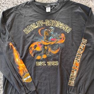 RARE Harley-Davidson Skull Flames Wing 2015 Long sleeve Motorcycle Shirt Men's X
